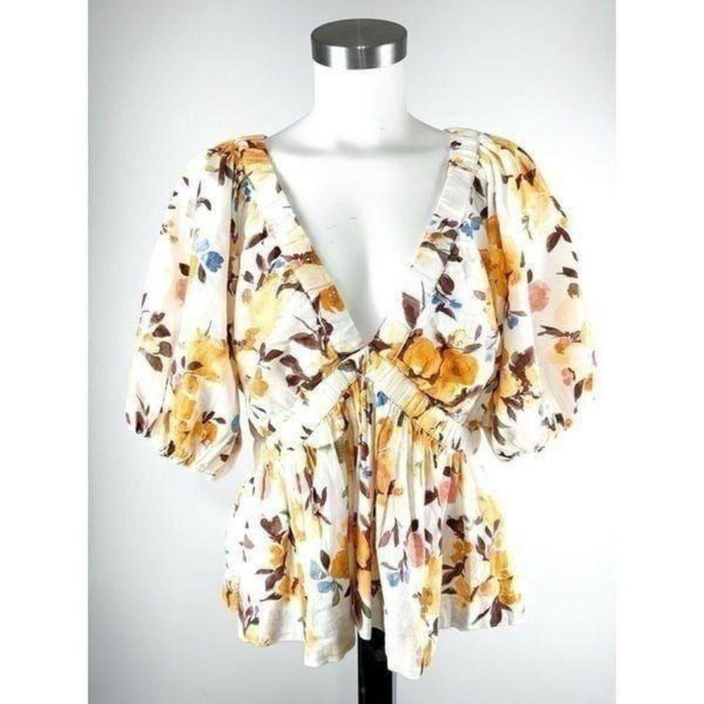 Abercrombie Fitch Sz L Top Floral Linen Blend Cottagecore Puff Sleeve Babydoll